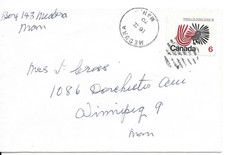 1970 Medora, Manitoba, CDS on private cover to Winnipeg, Manitoba