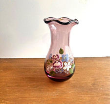 Fenton Art Glass Hand Painted Purple Amethyst Ruffled Rim Vase - Vintage