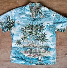 Vintage Island Hawaiian Shirt Button Up Palm Trees Hula Dancers Hawaii Men's Med