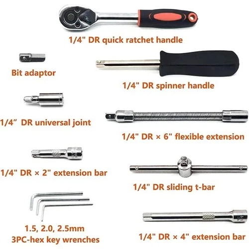 46件装套筒扳手套装1/4英寸传动棘轮公制套件车库汽车维修工具~ - 第 4 张/共 9 张