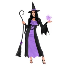 Sexy Women`s Long Purple Witch Halloween Costume & Hat Ladies Wicked Dress S-3XL