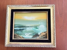 SEASCAPE LANDSCAPE OCEAN Sunset Wave OIL PAINTING Framed VINTAGE Moody Signed