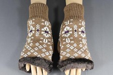 Brown Cream faux fur knit hand arm warmers fingerless gloves open thumb texting