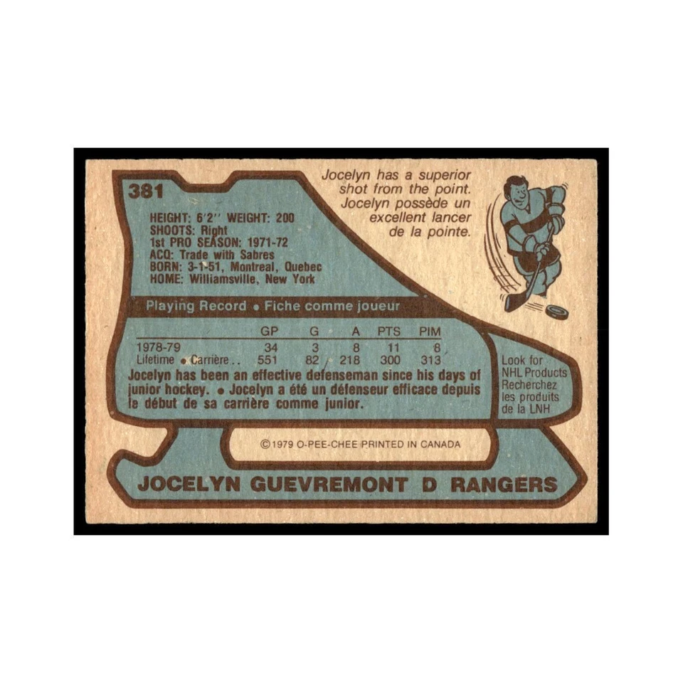 Jocelyn Guevremont 1979 O-Pee-Chee #381 New York Rangers Hockey Card VG - Image 2 of 3