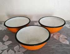 Set of 3 Orange Huta Silesia Poland Mid 20th Century Enameled Size 14 Bowls 6"