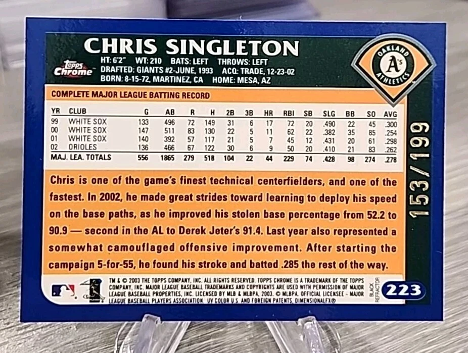 Chris Singleton 2003 Topps Chrome Black Refractor /199 #223 Athletics - Image 2 of 2