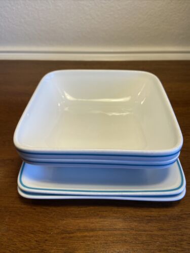 Juego de 2 tazones para ensaladas Bauscher Weiden y 2 platos del desierto blancos con rayas azules - Imagen 3 de 10