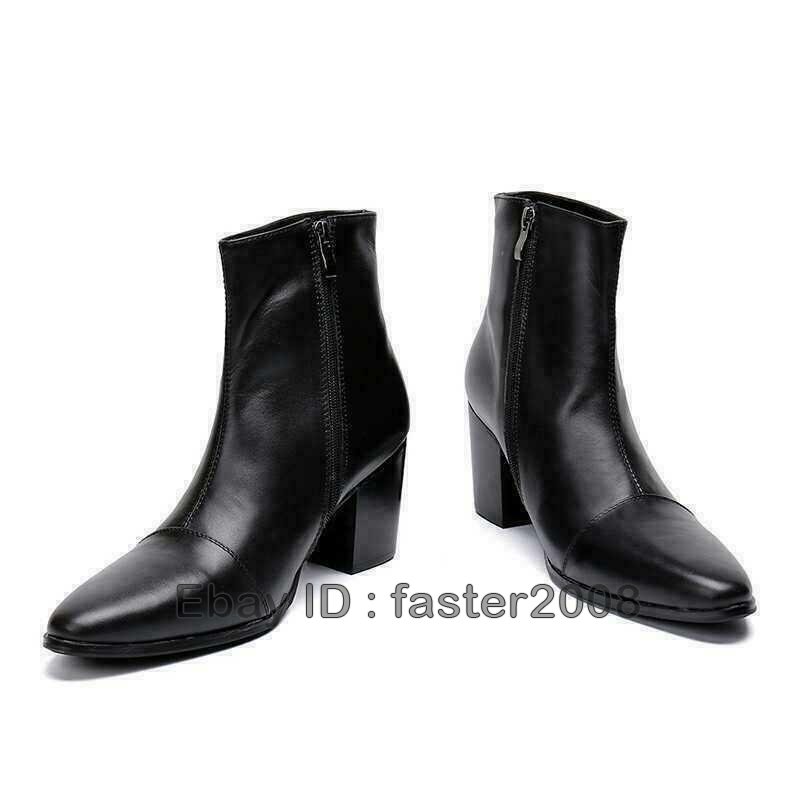 Men Zip Pointy Toe Cuban Heel Real Leather Chelsea Ankle Boots