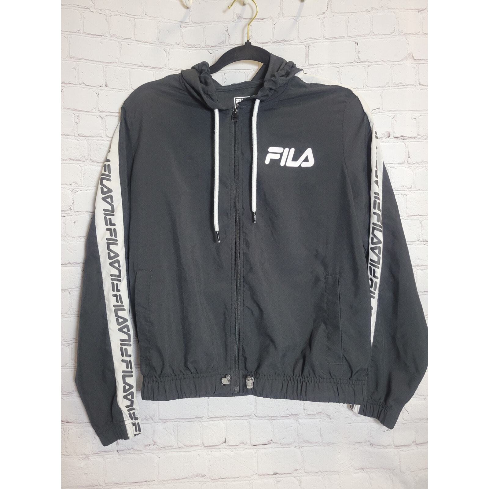 Giacca a vento FILA bianca e nera full zip cappuccio regolabile in vita taglia XS