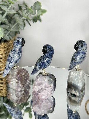 Set of 3 Hand Carved Blue Black Quartz Macaw on Amethyst Base 3'' Stone Bird