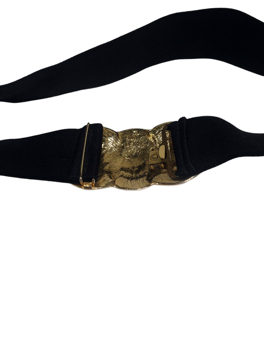 Vintage Nani Lewis Gold and Black Triple Medallion Stretch Waist Belt Vintage Nan Lewis Stretch Belt Navy with Gold Tone Medallion  main image 3