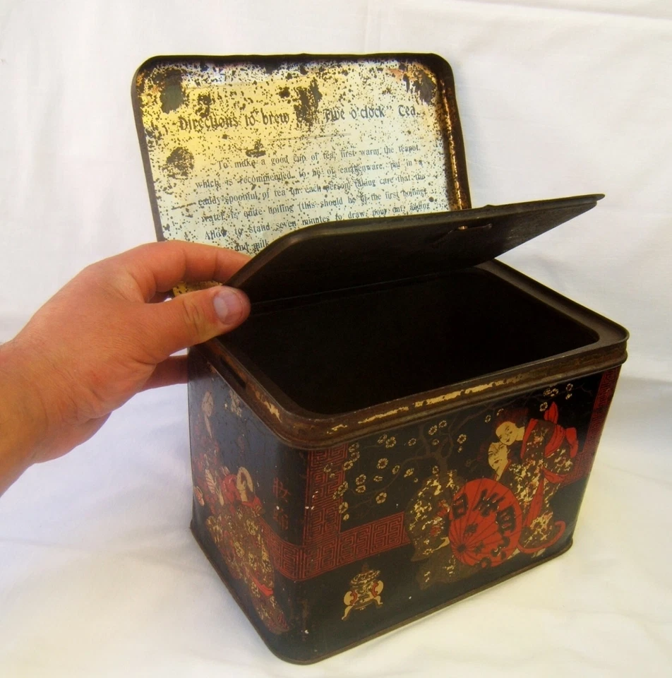 ancienne boîte à thé anglaise en tôle à décor japonais JAPON indian ceylon - Photo 3/4