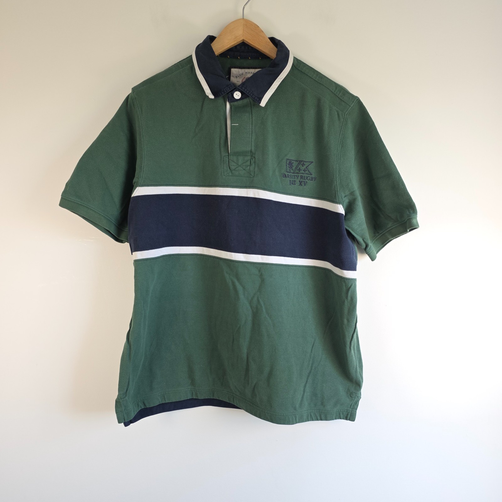 M&S Blue Harbour Men’s Large Rugby Shirt Green Navy Preppy Heritage Varsity Polo
