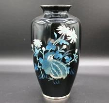 Vintage Japanese Black Cloisonne Enamel 7.25" Vase with Quail Bird Flowers