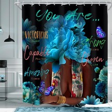 Black African Flower Woman Shower Curtain 60Wx72H Blue Art Words Lady Girls P...