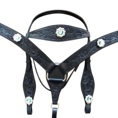 Western Horse Headstall Breast Collar Set American Leather Black Hilason