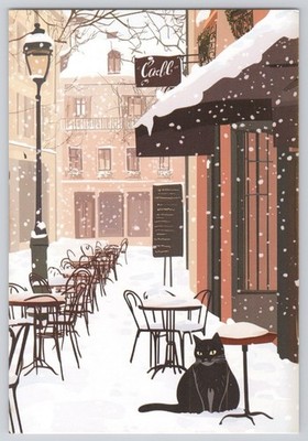 Winter Cafe Scene with Black Cat Snowfall 4x6 Image Card NEW 2025 Blank Back UNP
