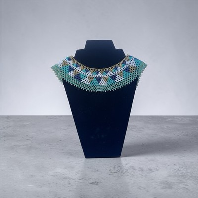 Handcrafted Beaded Necklace Turquoise Gold White Blue Black Geometric Pattern