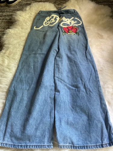 Ed Hardy Loose Fit Buckle Back Denim Jeans Womans 26 Embroidered Wide Leg - Picture 6 of 7