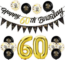60Th Birthday Decorations Set, Including Black Gold Happy Birthday Banner, Trian