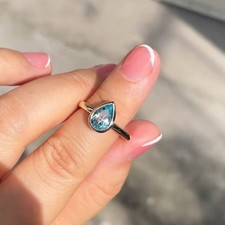 2Ct Pear Cut Aquamarine Diamond Solitaire Wedding Ring 14K White Gold Finish