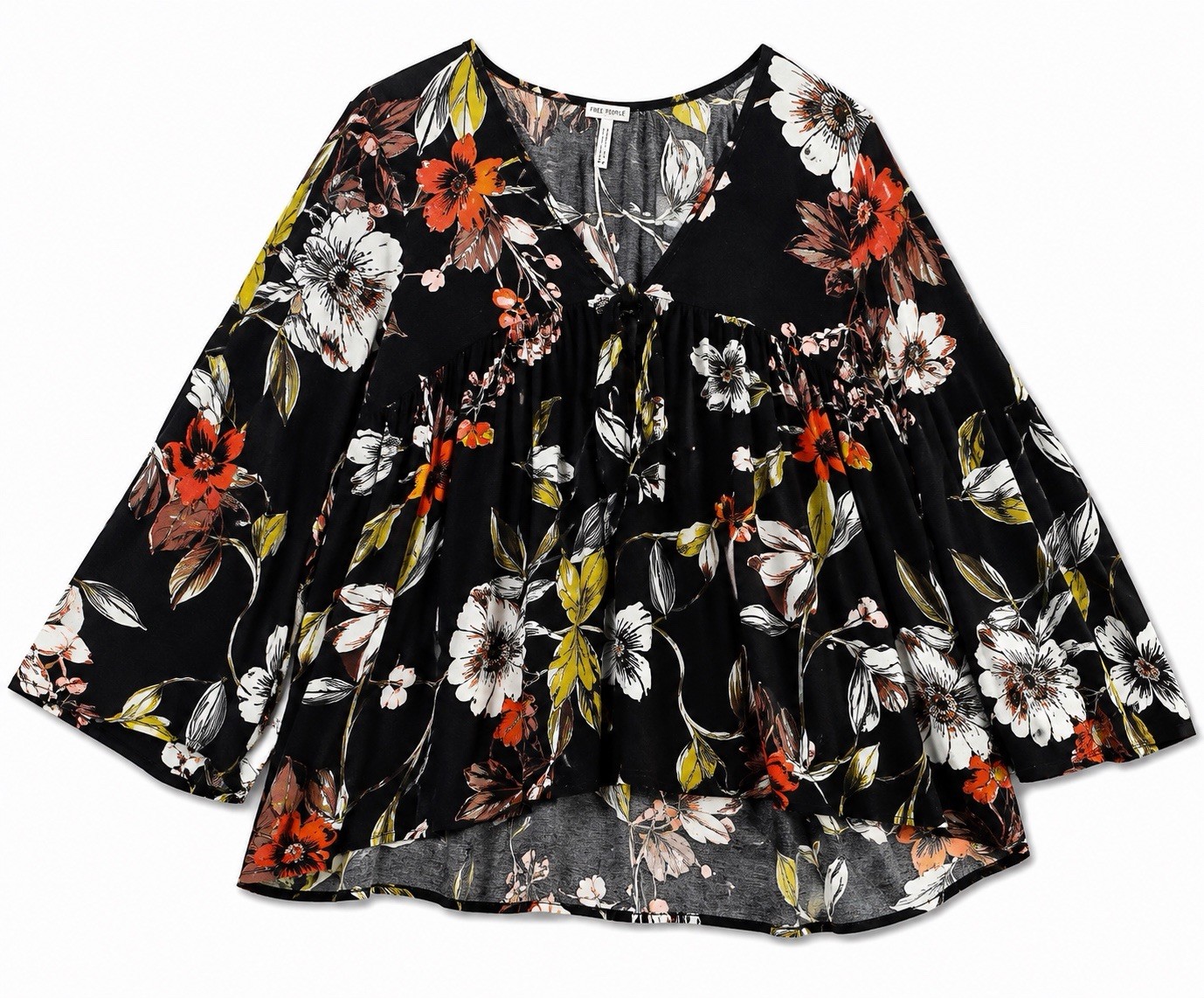 Free People Top Women’s Small Black Floral Boho Tunic Top Hi Lo Bell Sleeve