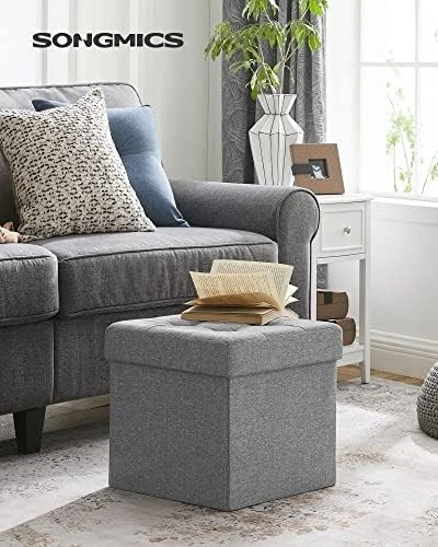 Light Grey Folding Storage Ottoman Cube 38cm Footstool with Lid & Tufted Seat - Image 2 of 4