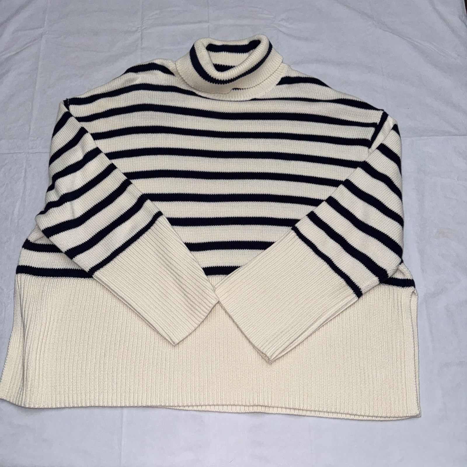 Gap Benton Turtleneck Striped Sweater Sz L Boxy Split Hem Coastal