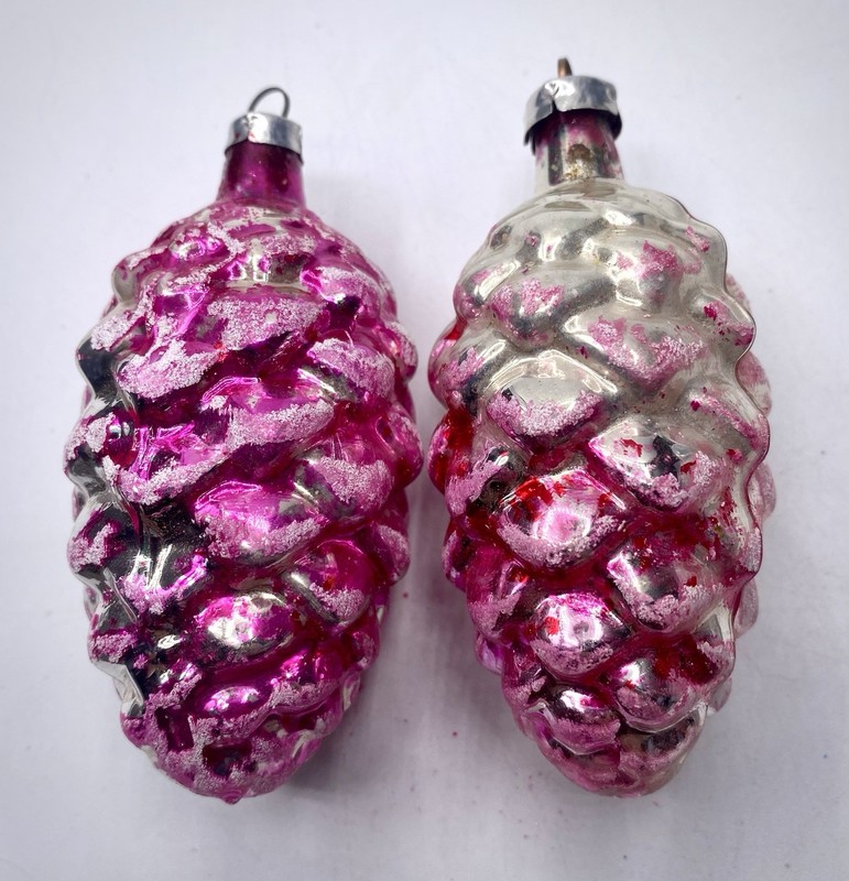 Lot Of Two Pink Mercury Glass Pine Cone Ornaments From West Germany