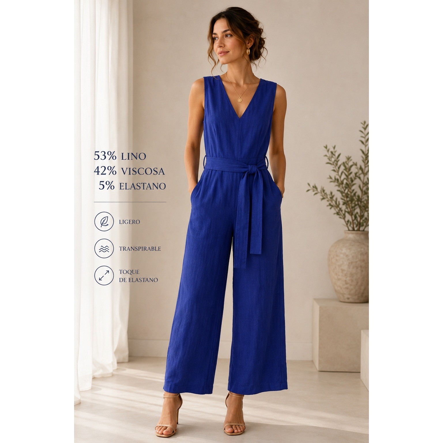 Antonio Melani Royal Blue Linen Blend Wide Leg V-Neck Sleeveless Jumpsuit Belted