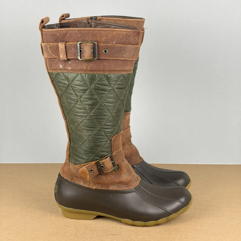Sperry Saltwater Tall Quilted Duck Boots Womens 8 Brown Green Side Zip Leather - Image 3 of 4