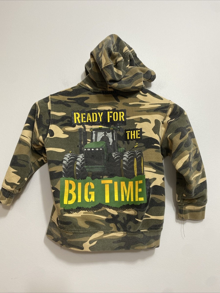 John Deere Boy's Camo Zip Hoodie Ready For The Big Time Tractor Sz