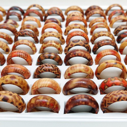 20/40/80/200Pcs Wholesale Band Ring Jewelry Lots Mixed Bulk Natural Wooden Rings - Picture 17 of 19