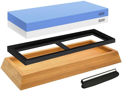 Dual Whetstone Sharpening Stone 1000/6000 Grit - with Bamboo Base & Angle Guide