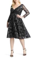 Mac Duggal Black Long Sleeve Illusion Sequin Embroidered Midi Dress 14W $398