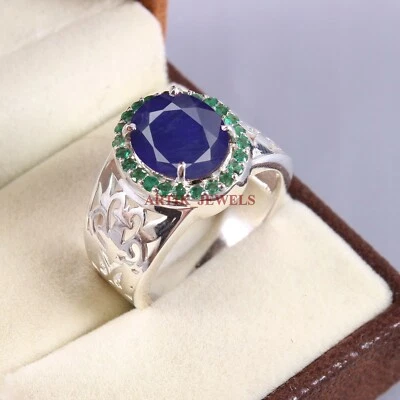 Bague Pour Homme En Argent Sterling 925 Avec Saphir Bleu Et Onyx Vert #5360 - Photo 1/4