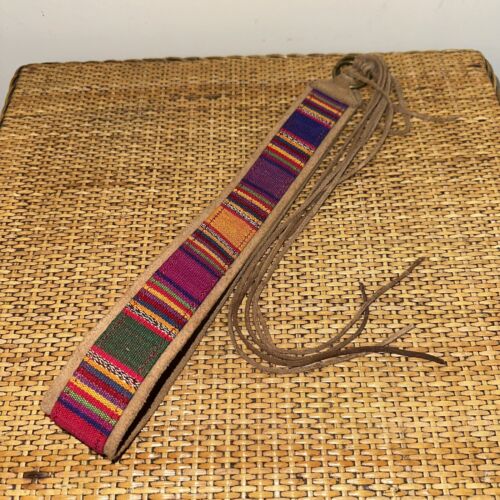 Vintage Womens M/L Handmade Belt Leather Cotton Multicolor Fabric Guatemala Boho - Picture 1 of 7