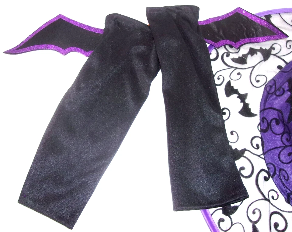Sombrero de encaje negro/púrpura de bruja de Halloween para adultos con cubiertas de brazo a muñeca de ala de murciélago Foto 2 de 2