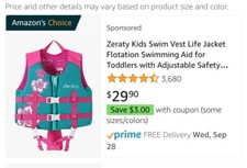 Zeraty Kids Swim Vest w/Adjustable Safety Strap Kids Small 50N, W200310HDH01H