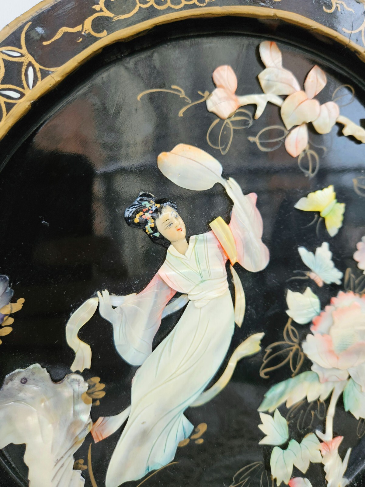 Vintage Chinese Wall Art Chinoiserie Mother of Pearl Black Lacquer