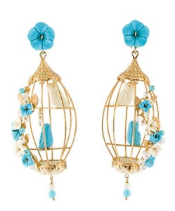 Authentic Of Rare Origin Earrings bird Cage 18k Gold Plated Drop Turquoise Pearl Pierced