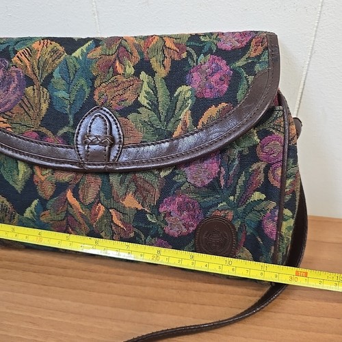 Vintage Liz Claiborne Floral Tapestry Brown Leather Trim Crossbody Bag Designer - Picture 3 of 11
