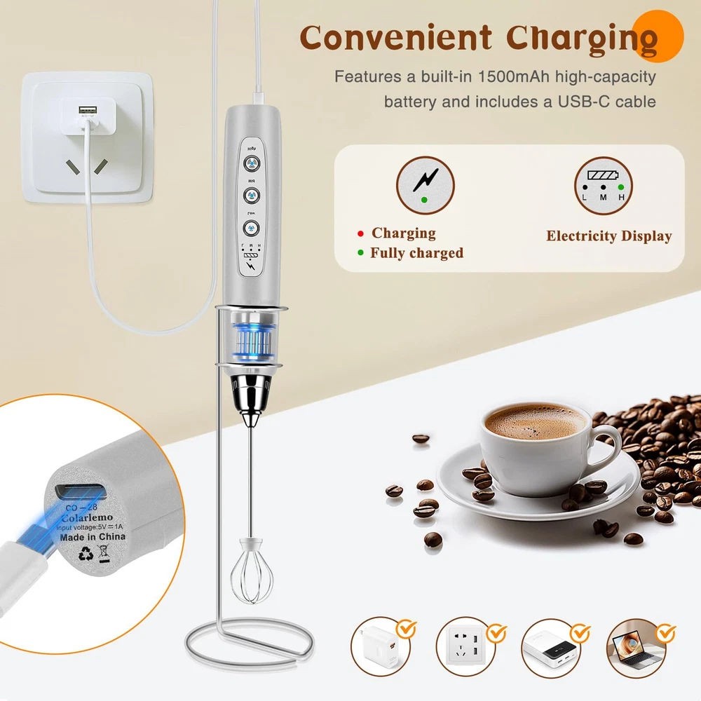 Milk Frother Handheld Rechargeable with Stand Frother Wand Drink Mixer Electr...
