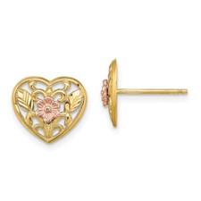 10mm 14k Two-tone Gold Polished Floral in Heart Stud Post Earrings
