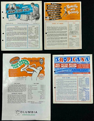 4 Columbia Musicals ORIGINAL Press Sheets Gene Krupa Mae West Bill Haley Comets
