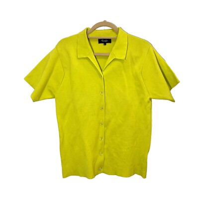 Hanifa Button Up Blouse Women's L Lime Green Knit Heavyweight Short Sleeve  | eBay