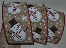 Wired Ribbon Christmas Snowman Snowflake Red Rustic Woven Tan 2.5" Holiday Bow