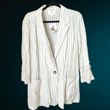 Halston Linen Blazer Jacket Top Women's Xl White Beige Stripe Boyfriend Fit Nwt