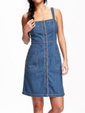 Old Navy Button Front Denim Pinafore Dress Dark Blue Adjustable Boho - Size 2