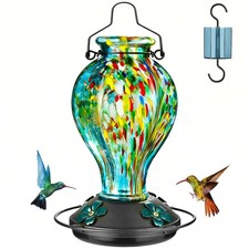 Hand Blown Glass Hummingbird Feeders for Outdoors Hanging, 24oz Wild Bird Nec...